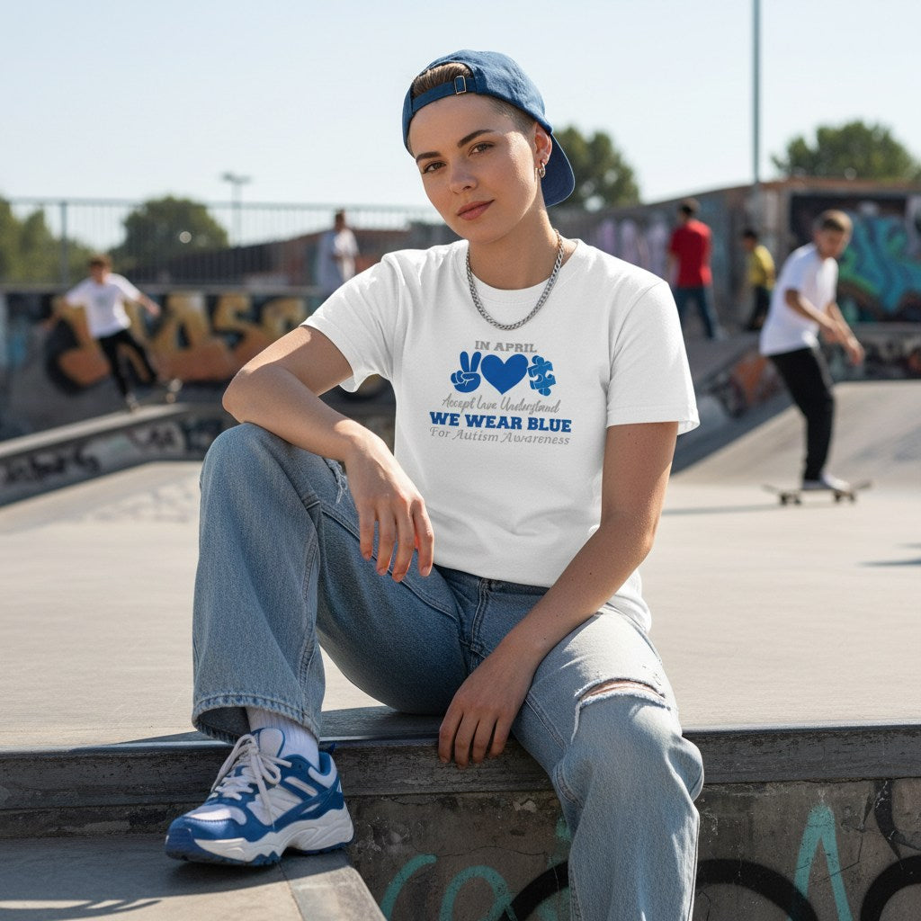 White non-binary person wearing a white "In April We Wear Blue" autism awareness t-shirt.