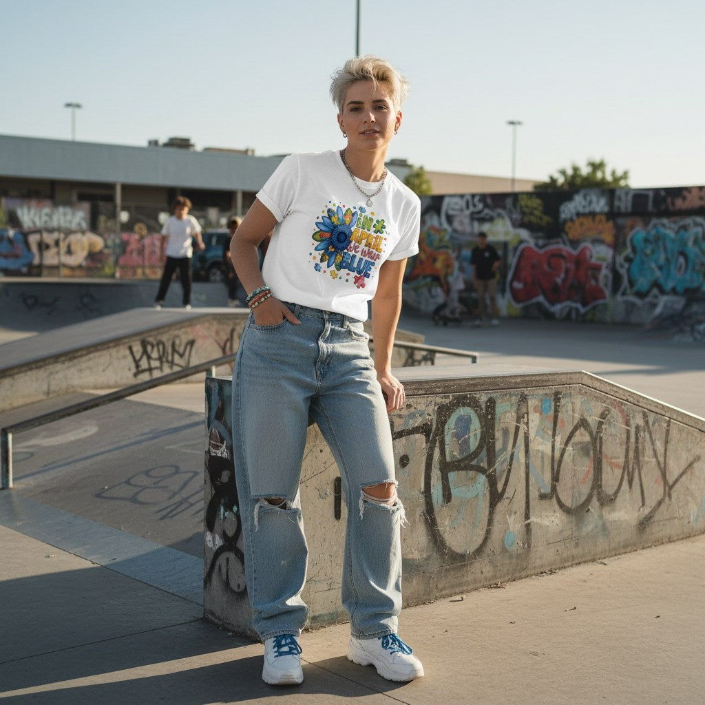 White non-binary person wearing a white In April We Wear Blue autism awareness sunflower t-shirt.