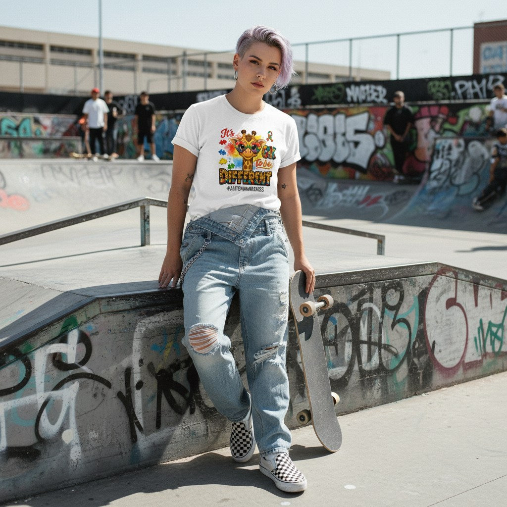 White non-binary person wearing an It is Okay to be Different giraffe t-shirt in a streetwear style.