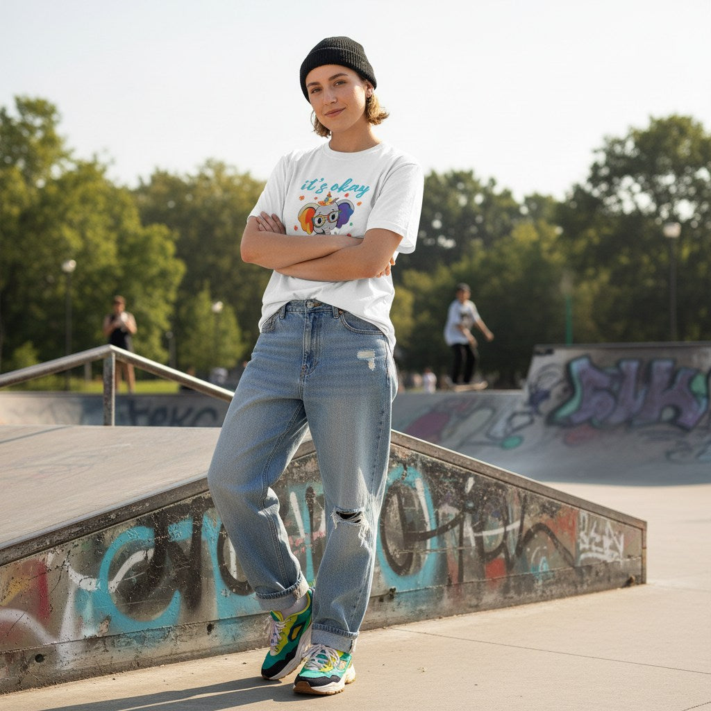Non-binary person wearing a white autism awareness t-shirt in a streetwear style.