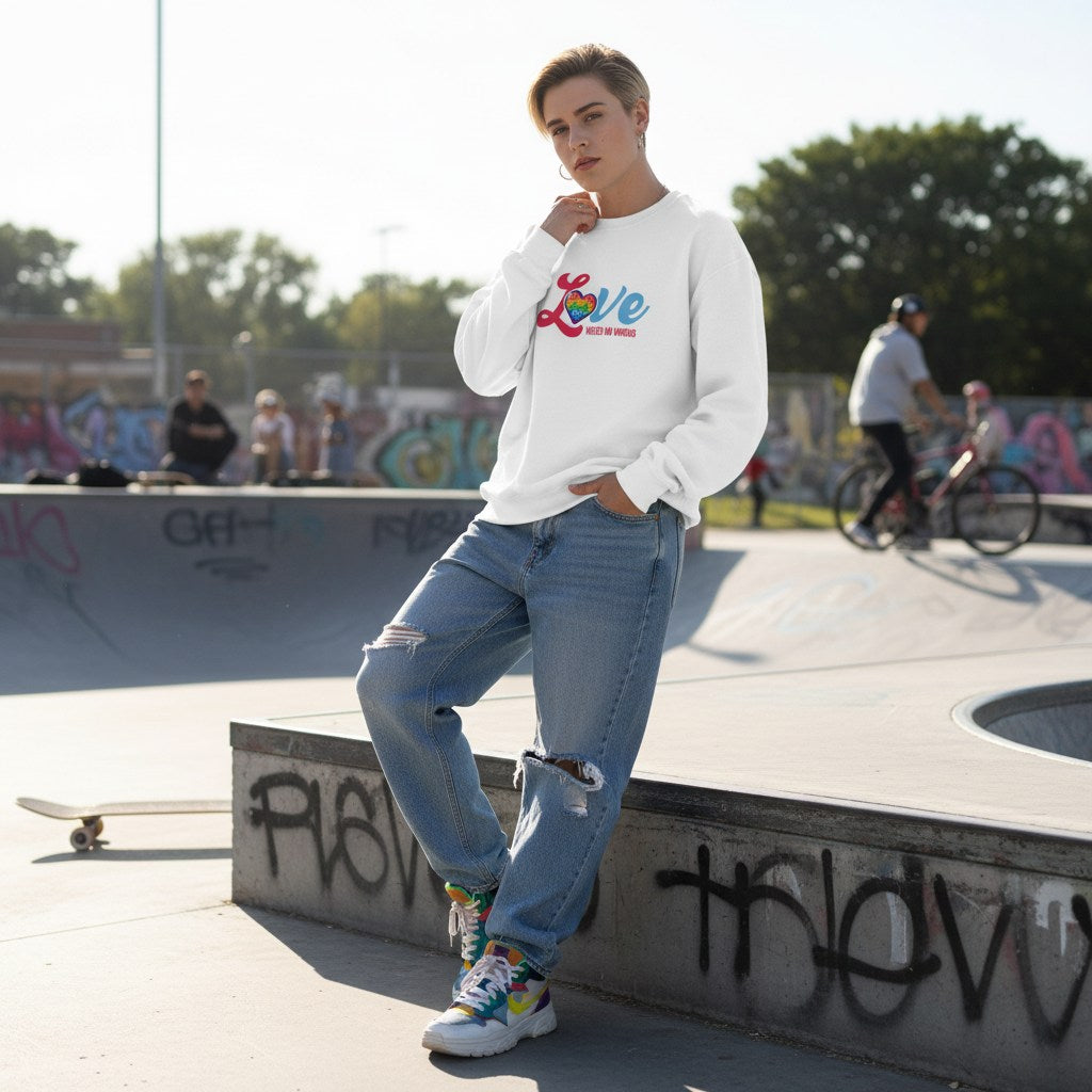 Non-binary person wearing a white "Love Needs No Words" autism awareness sweatshirt.