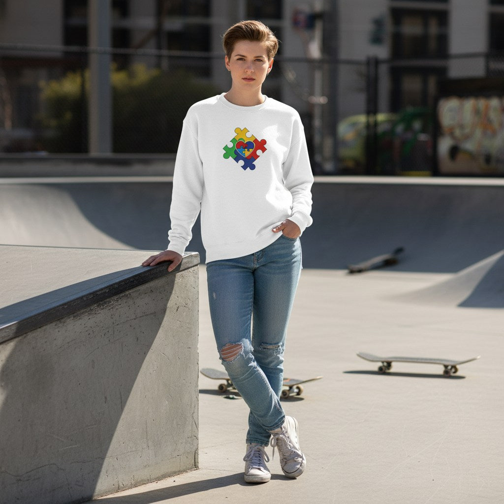 Non-binary person wearing a white puzzle heart logo autism awareness sweatshirt.