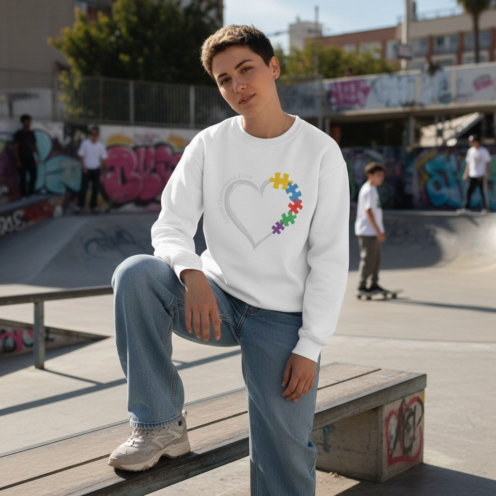 Non-binary person wearing a white autism awareness puzzle heart sweatshirt.