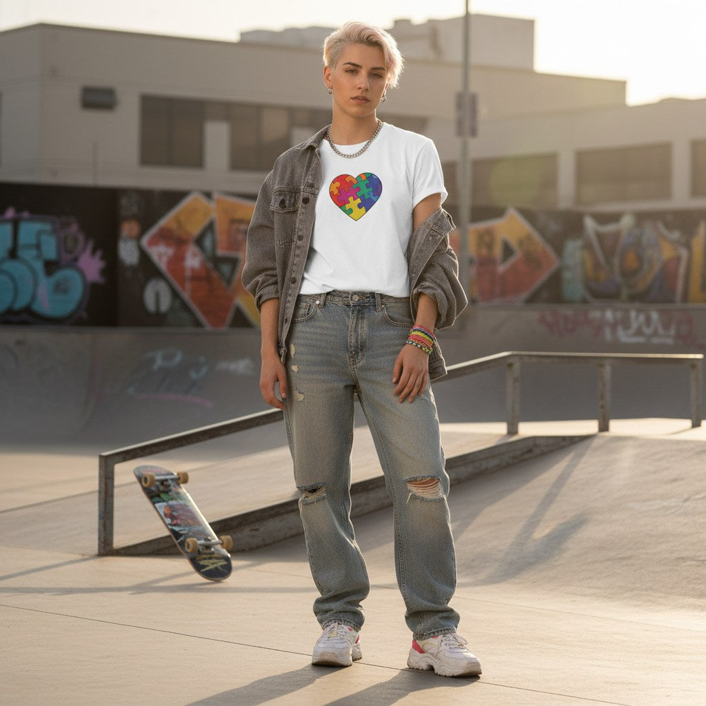 Non-binary person wearing a white puzzle heart t-shirt.