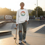 White non-binary person wearing a white retro sunset puzzle piece autism sweatshirt.