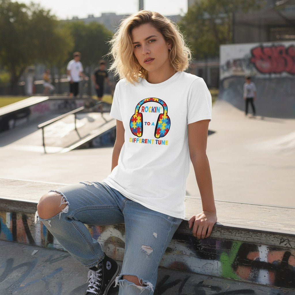White non-binary person wearing a white Rockin' to a Different Tune autism awareness t-shirt.
