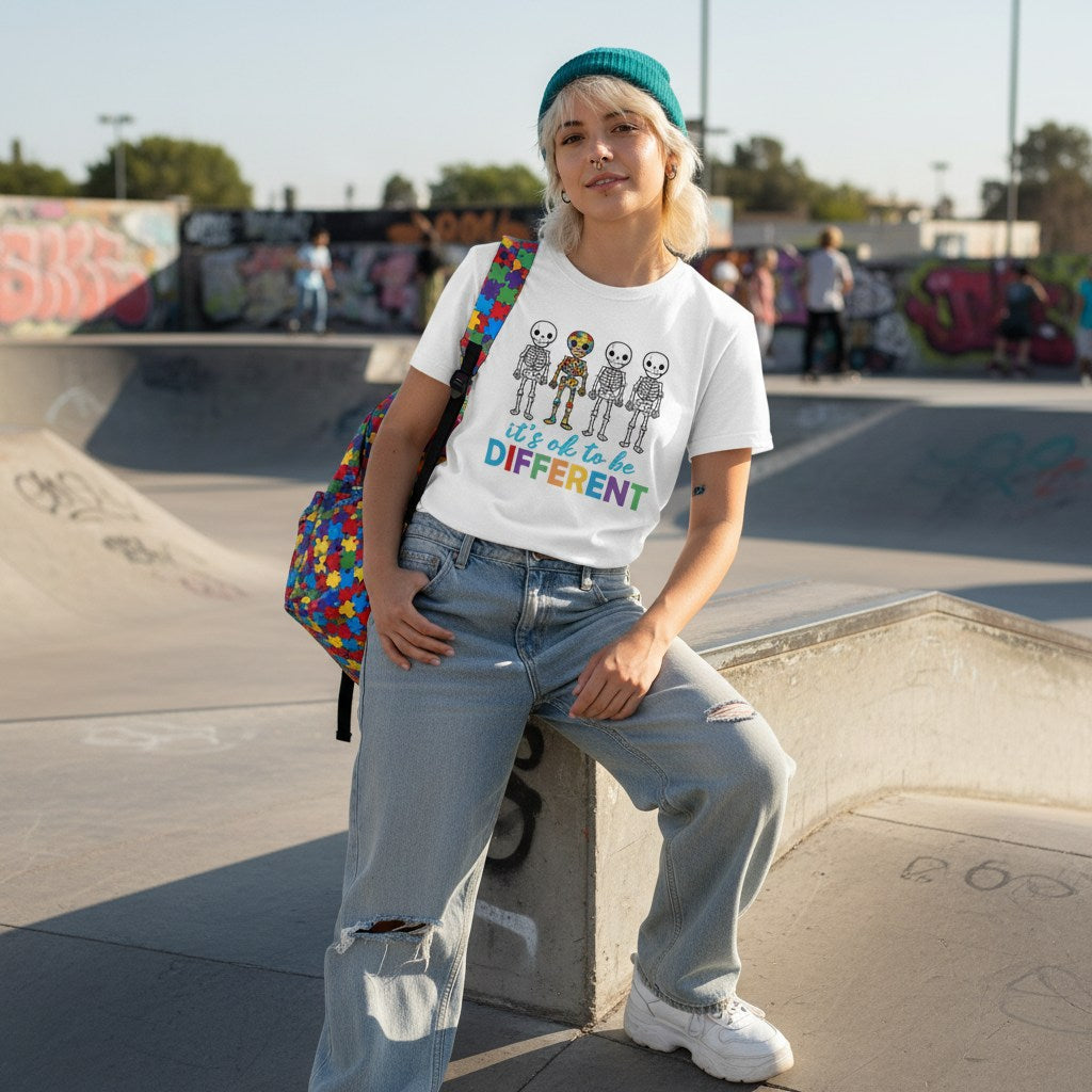 Non-binary person wearing a white autism awareness skeleton puzzle t-shirt.