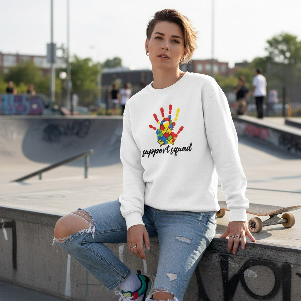 White non-binary person wearing a white Support Squad autism awareness sweatshirt.