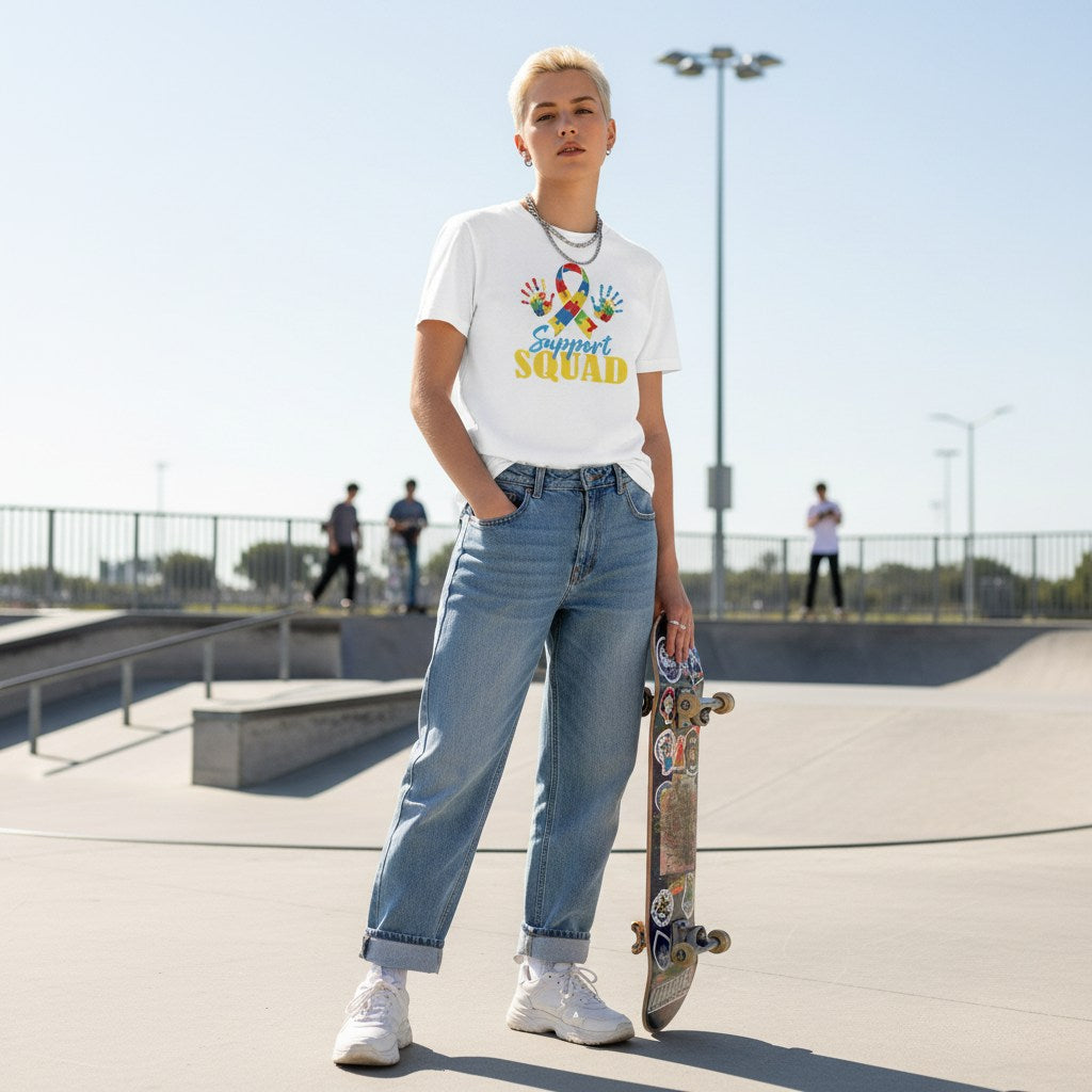 White non-binary person wearing a white autism awareness support squad t-shirt in a streetwear style.