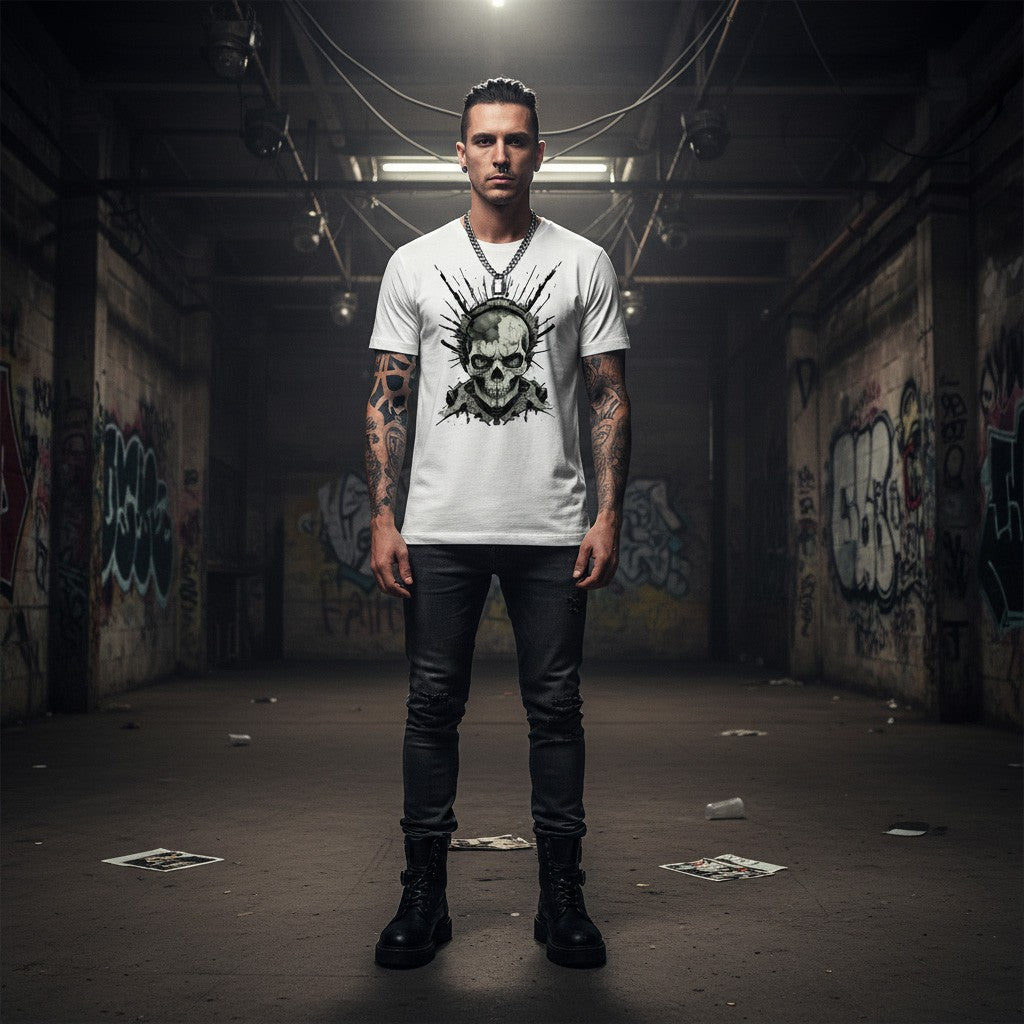 Man wearing a white t-shirt featuring a grim dark skull design in a graffiti-covered alleyway.