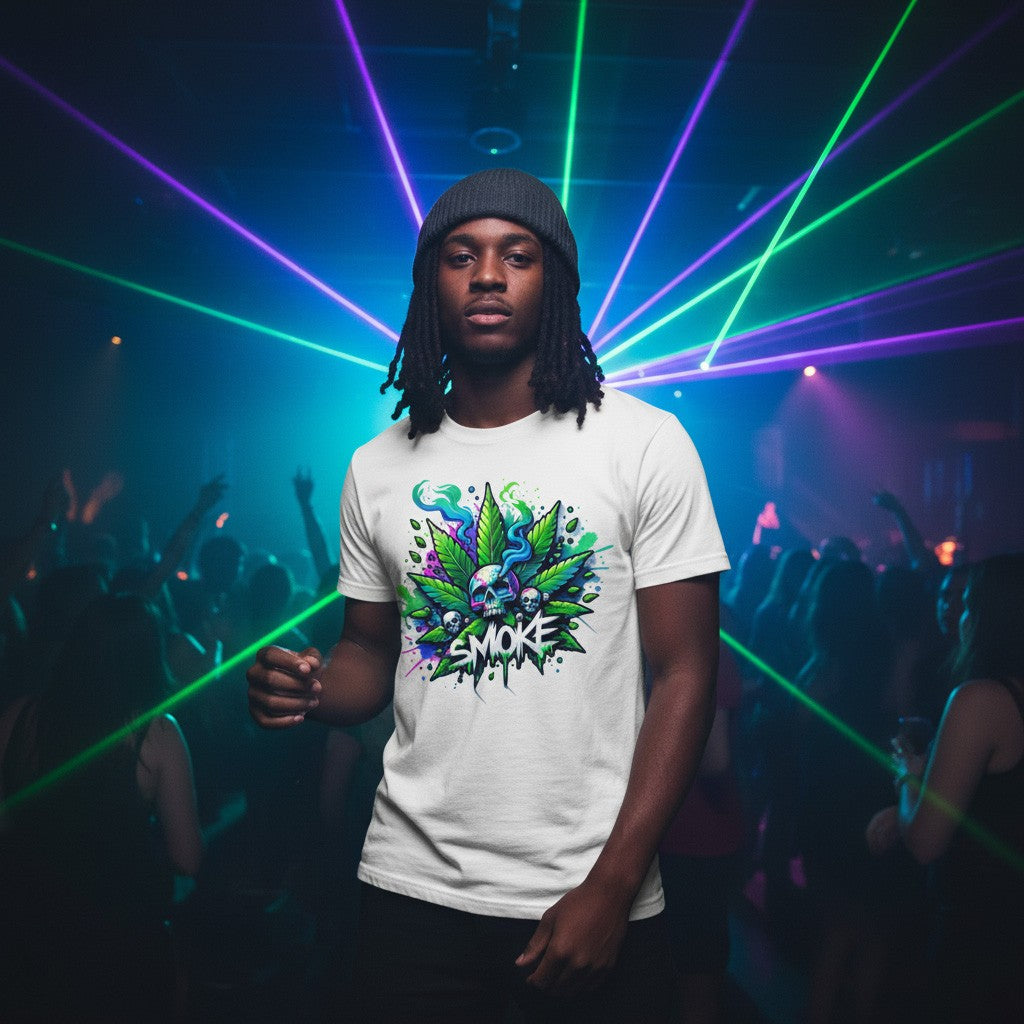 Person wearing a white t-shirt with a cannabis design and 'Smoke' text, dancing in a club with colorful laser lights.