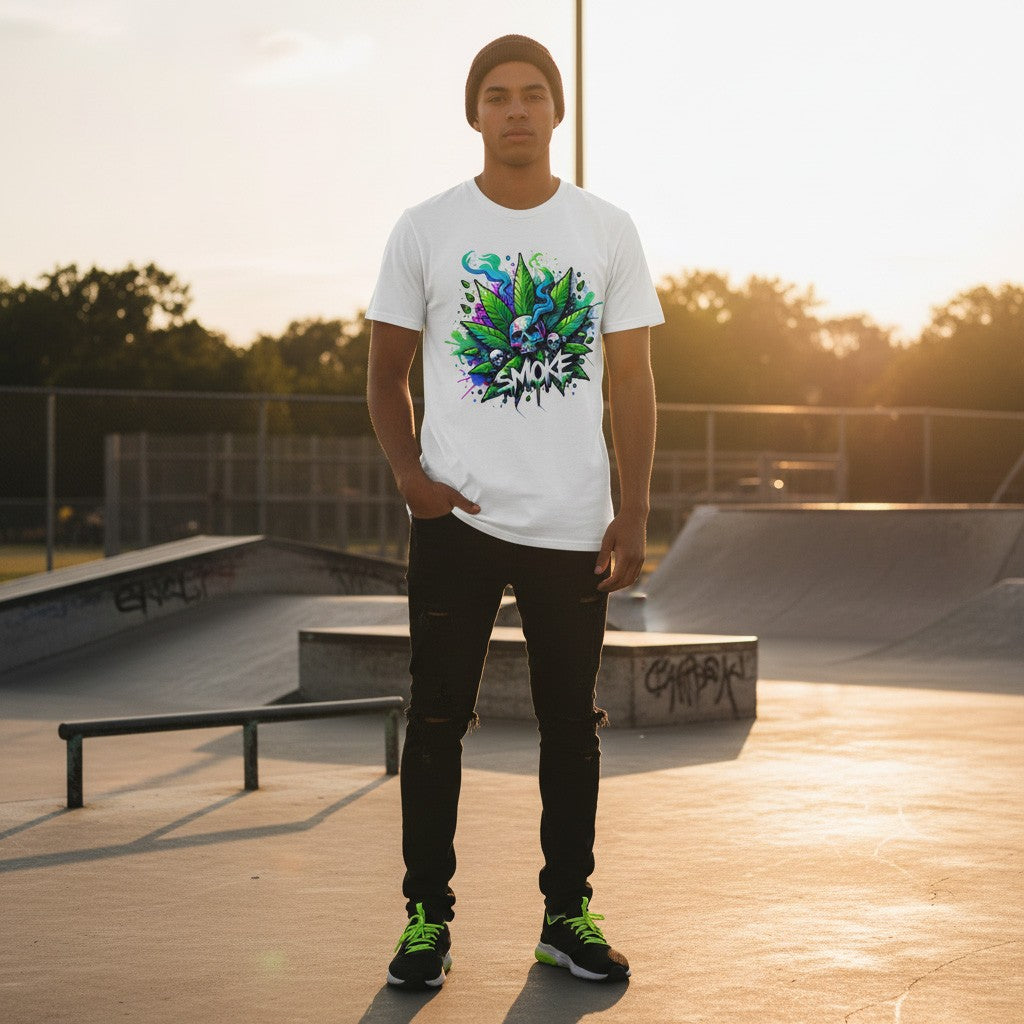 Person wearing a white t-shirt with a colorful cannabis design at a skate park.