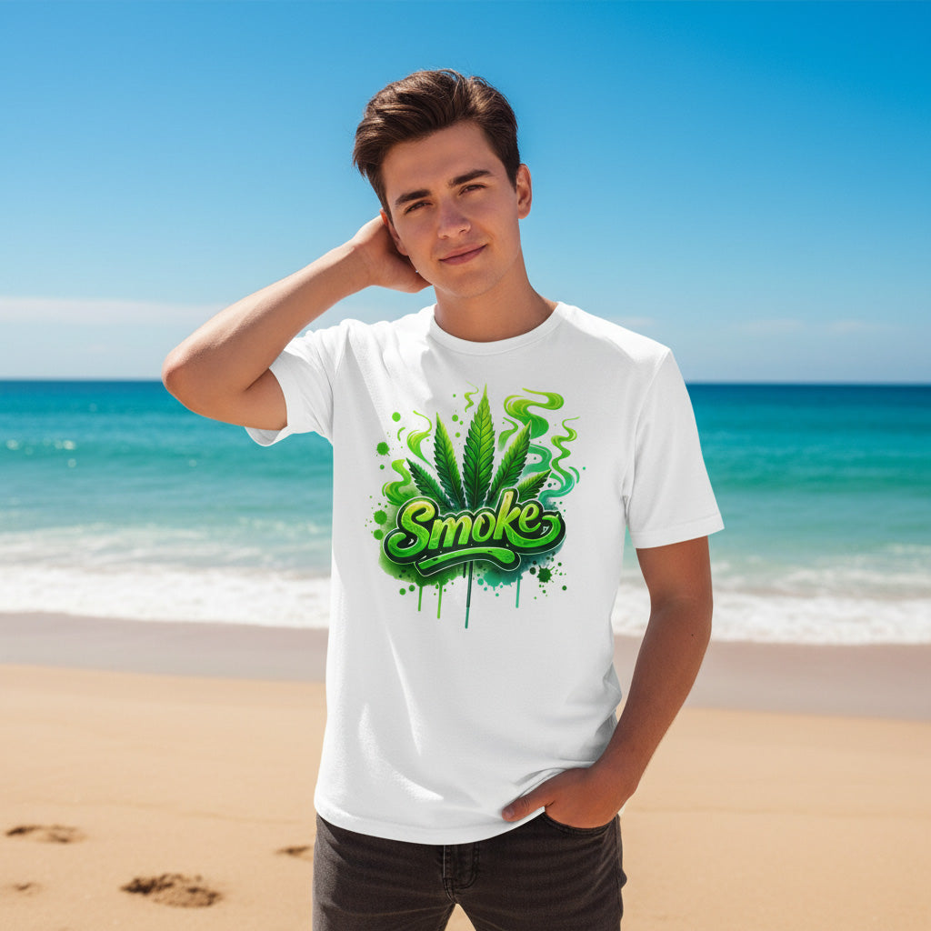 Person wearing a white t-shirt with a green 'Smoke' graphic on a beach
