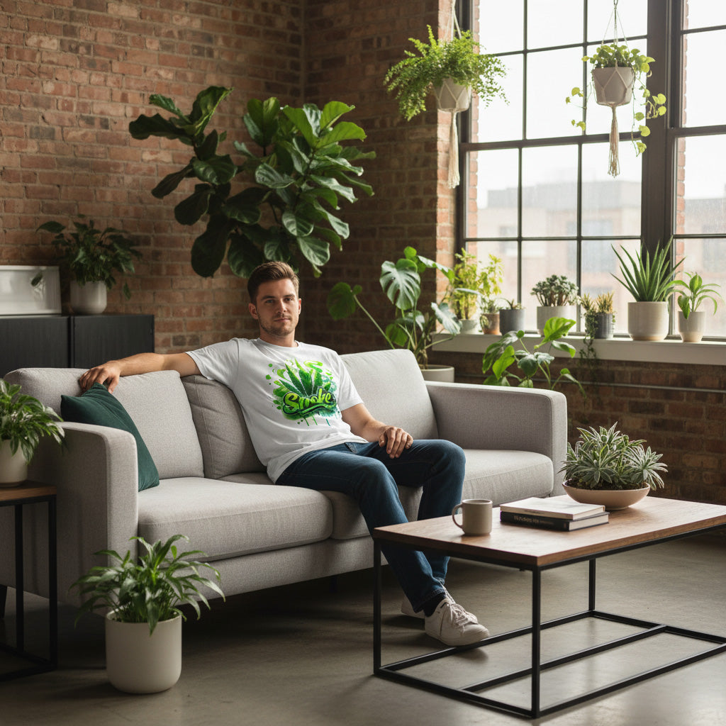 Man sitting on a couch wearing a white t-shirt saying "Smoke" in green, in a modern living room with plants