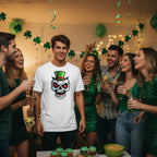 Group of friends celebrating St. Patrick's Day with green decorations and drinks.