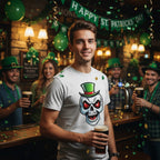 Man in a bar celebrating St. Patrick's Day with friends, wearing a t-shirt with a skull design.