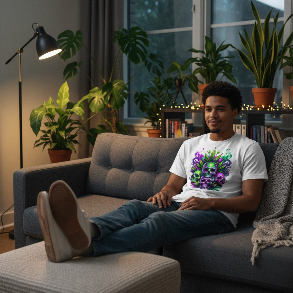 Person wearing a white t-shirt featuring a cannabis leaf design,  sitting on a couch in a cozy living room with plants and books.