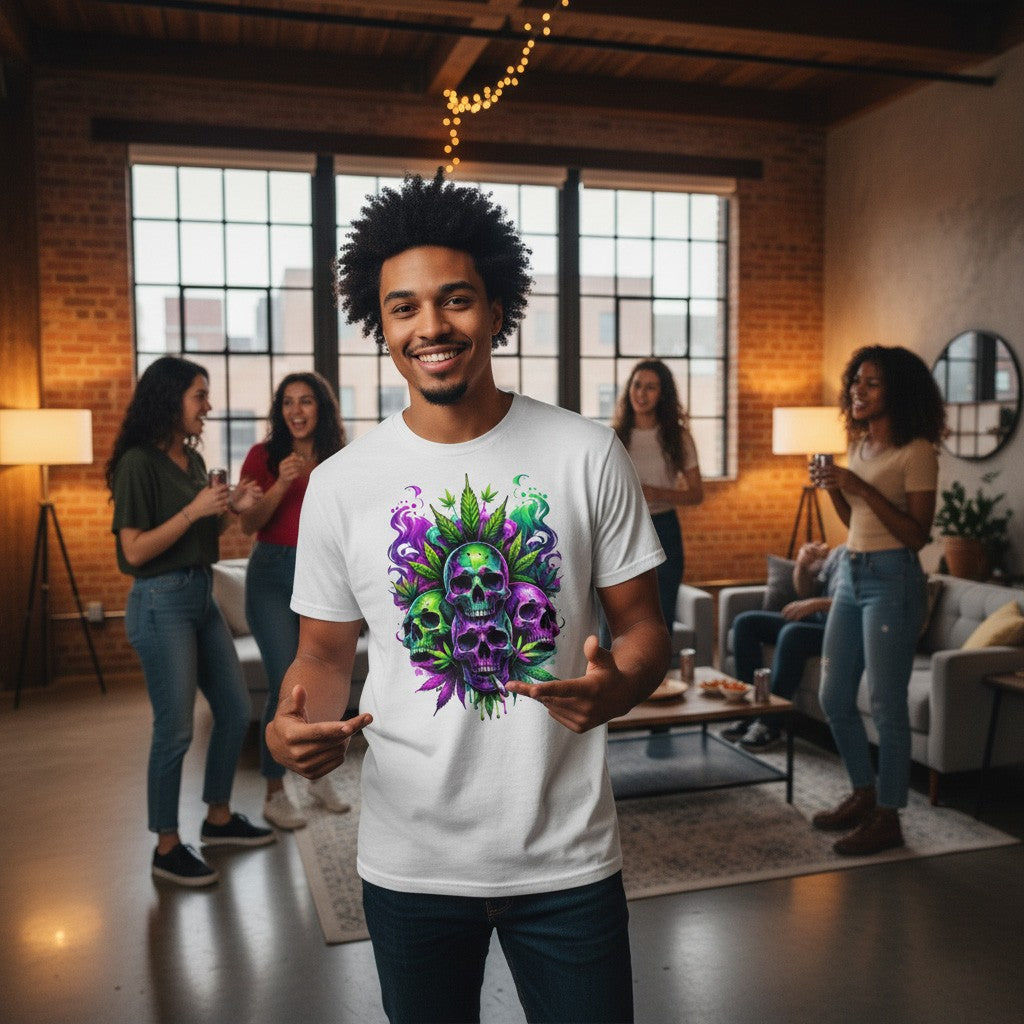 Man wearing a white t-shirt with a colorful cannabis skull design in a living room setting.