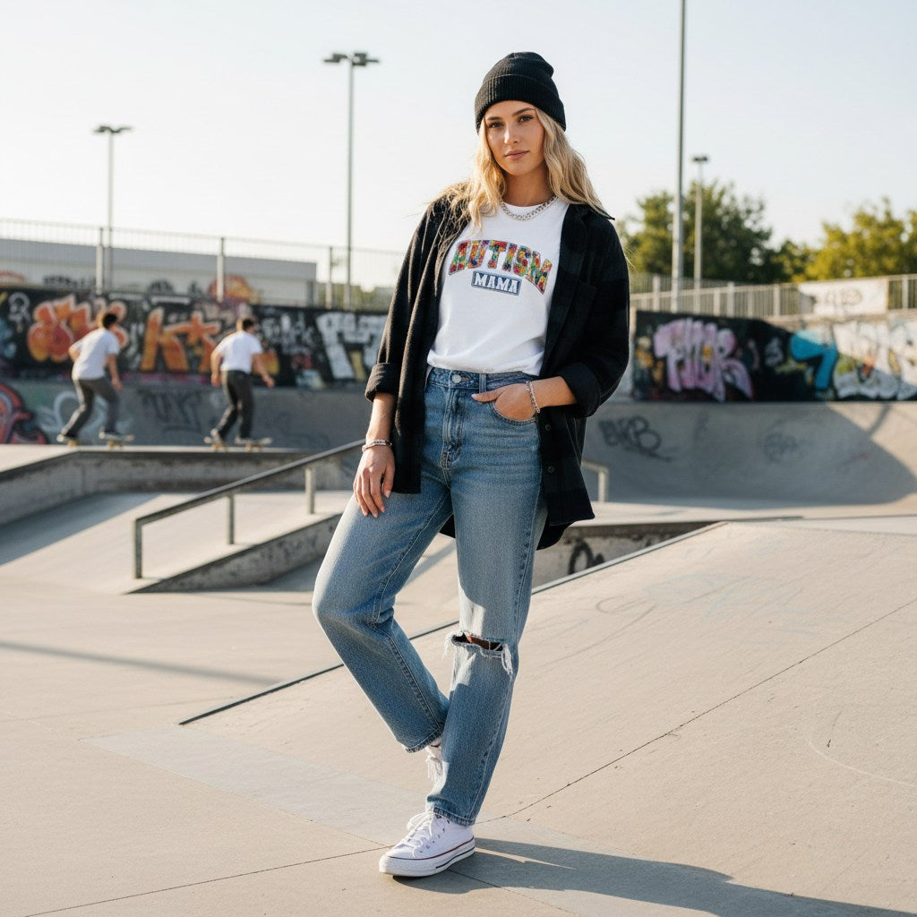 White woman wearing a white autism mama collegiate t-shirt.
