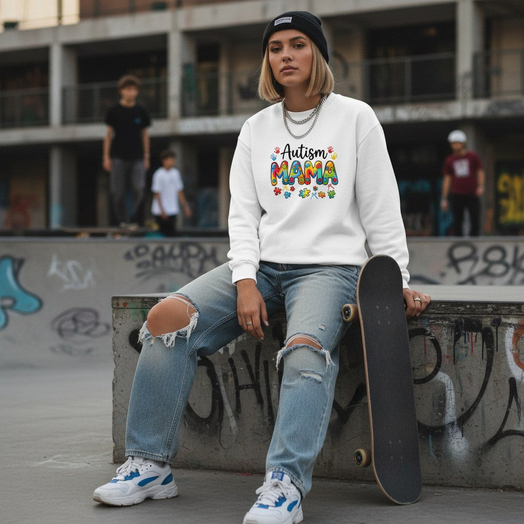 White woman wearing a white autism mama sweatshirt.