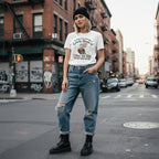 White woman wearing streetwear t-shirt outdoors