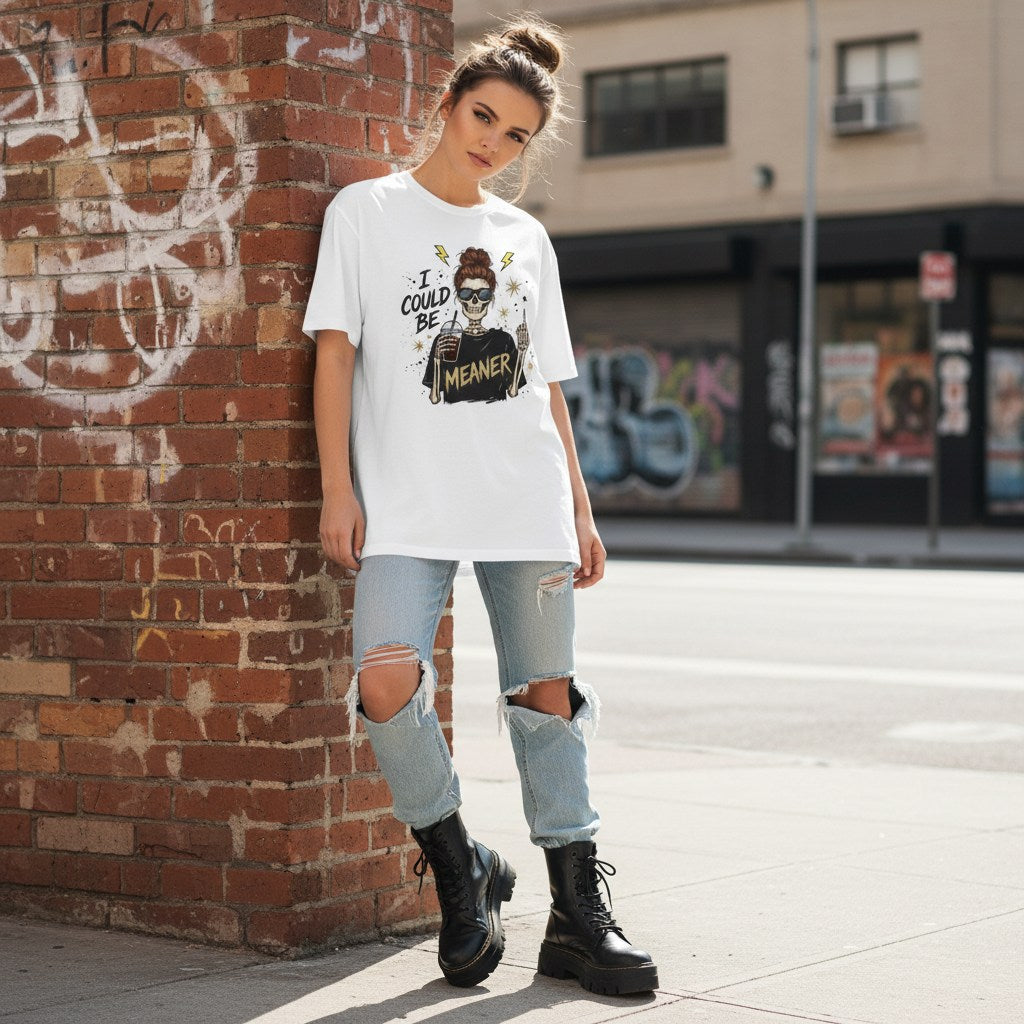 Streetwear photo of a white woman wearing a funny skeleton t-shirt in an urban setting.