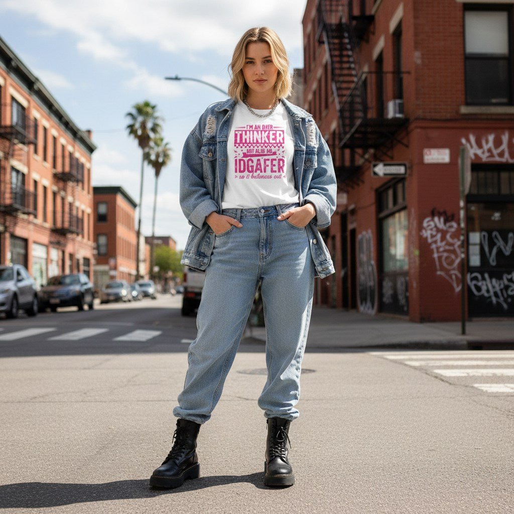 White woman wearing a white t-shirt in a streetwear style photo.