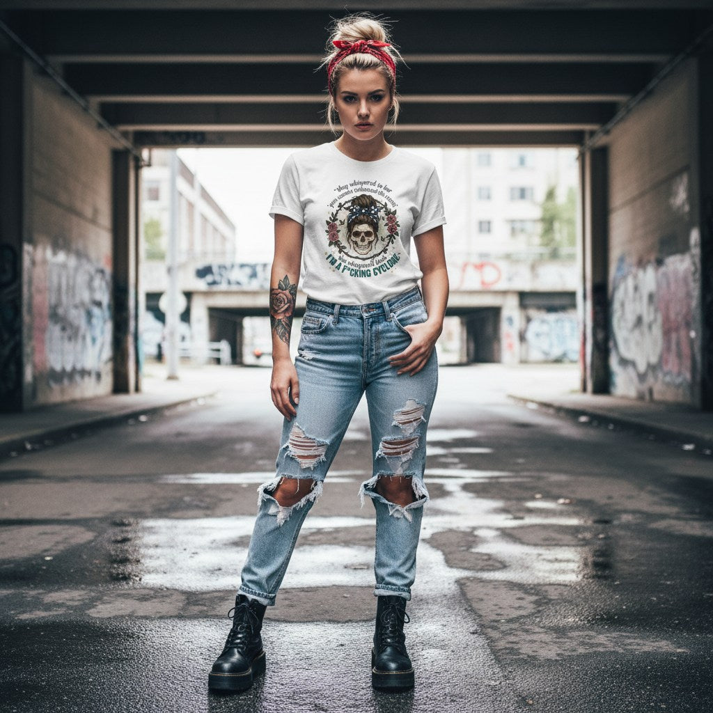 White woman wearing a white t-shirt in a streetwear style photo.