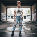 White woman wearing a white t-shirt in a streetwear style photo.