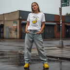 White woman in streetwear style wearing a white t-shirt in an urban setting