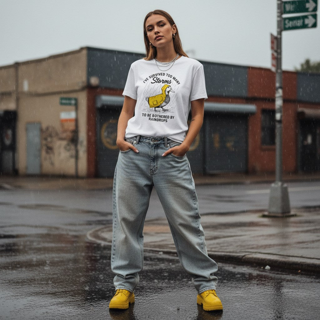 White woman in streetwear style wearing a white t-shirt in an urban setting