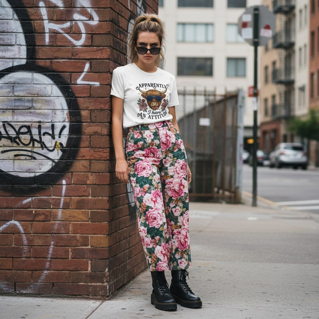White woman in a streetwear style photo wearing a highland cow t-shirt.