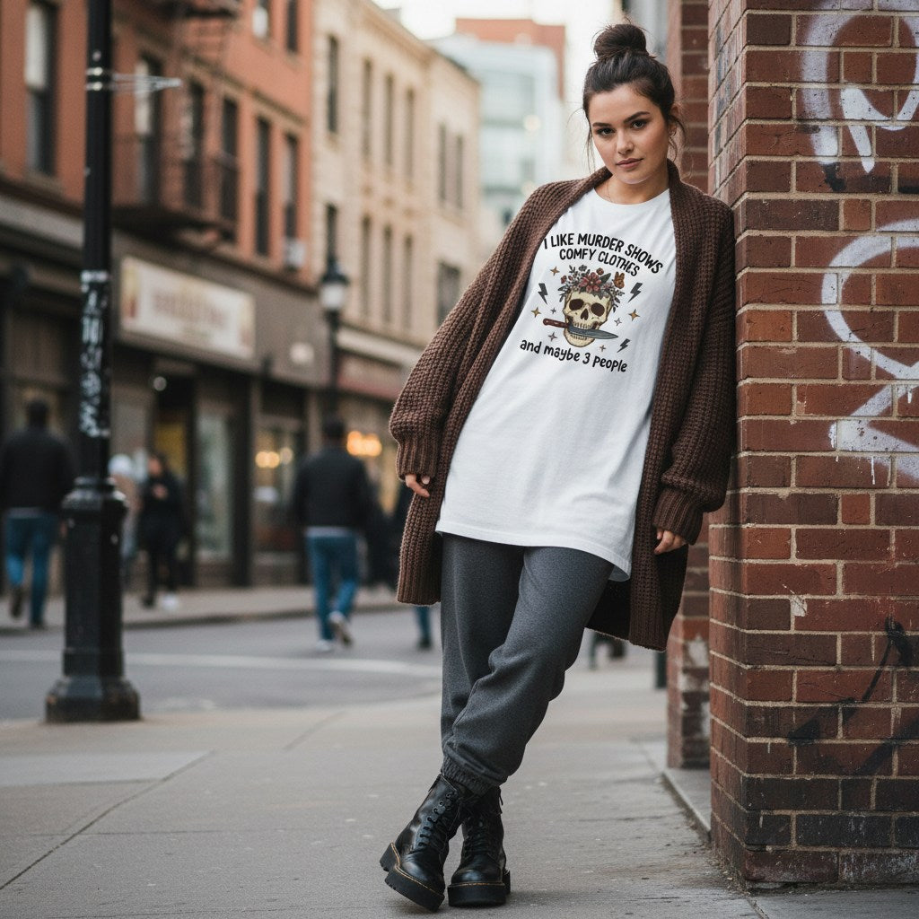 White woman in streetwear fashion clothing.