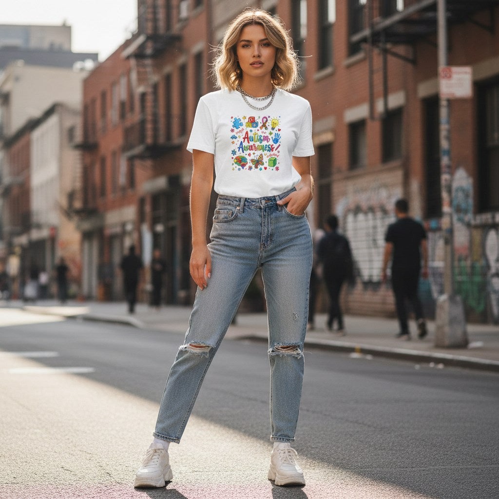 White woman wearing a white autism awareness t-shirt.