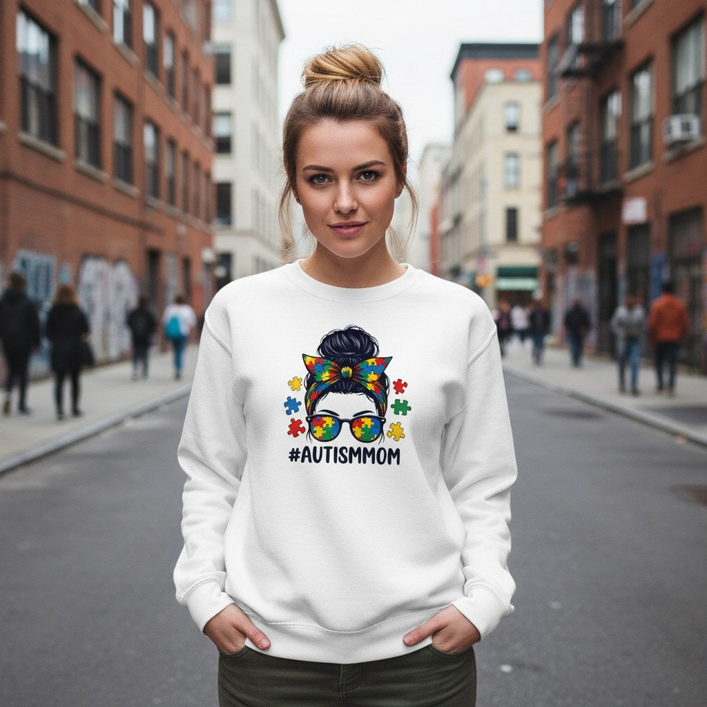 White woman wearing a white autism mom sweatshirt.