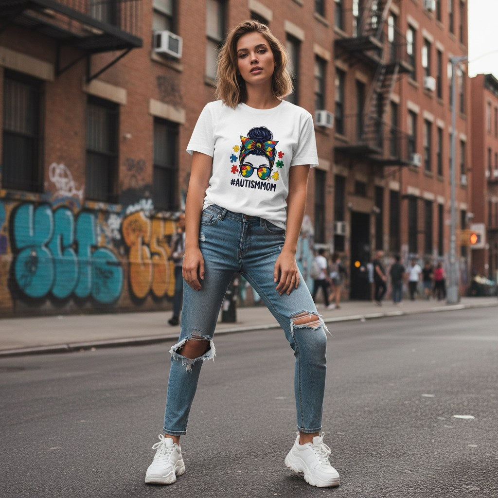 White woman wearing a white autism mom t-shirt.