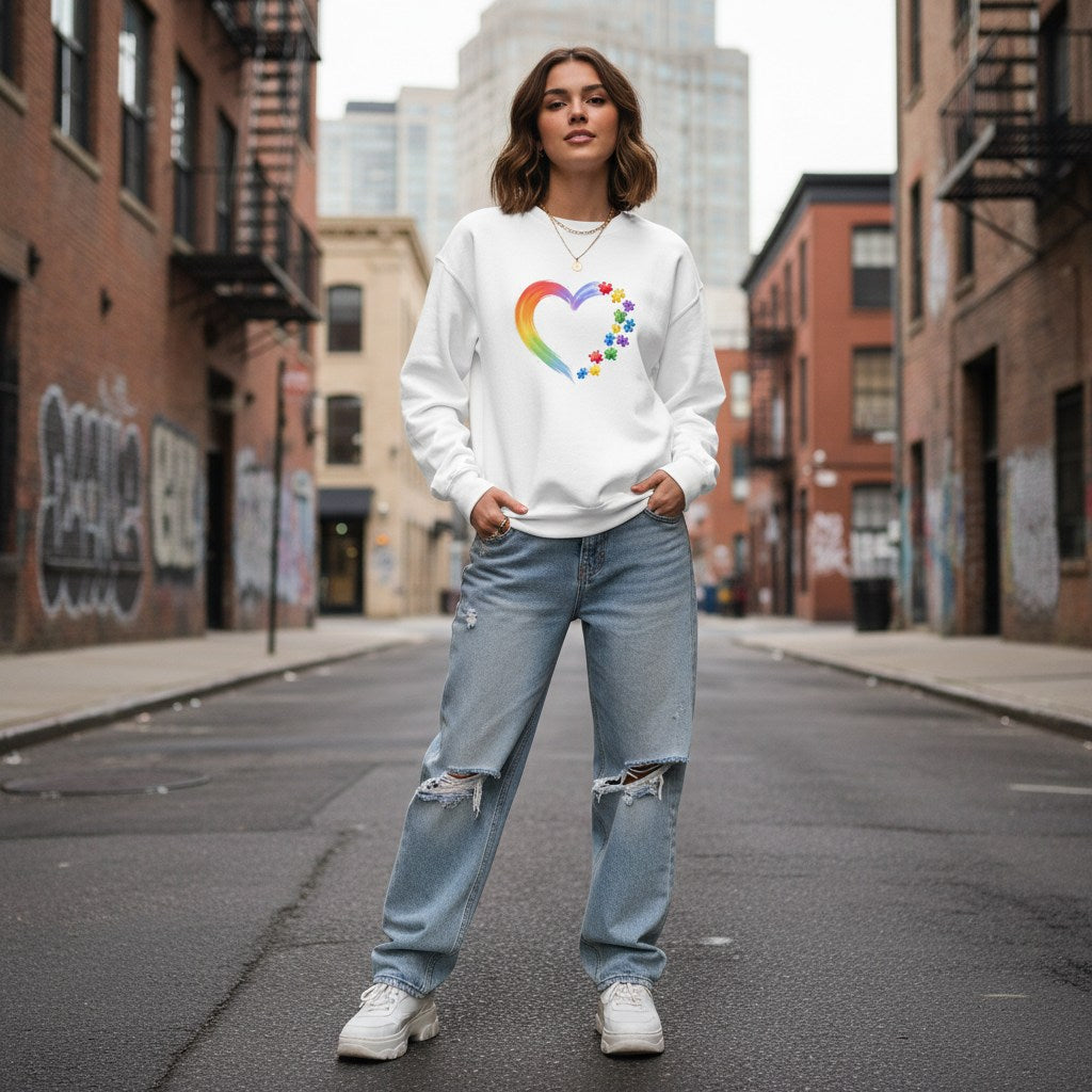White woman wearing a white rainbow heart puzzle sweatshirt.