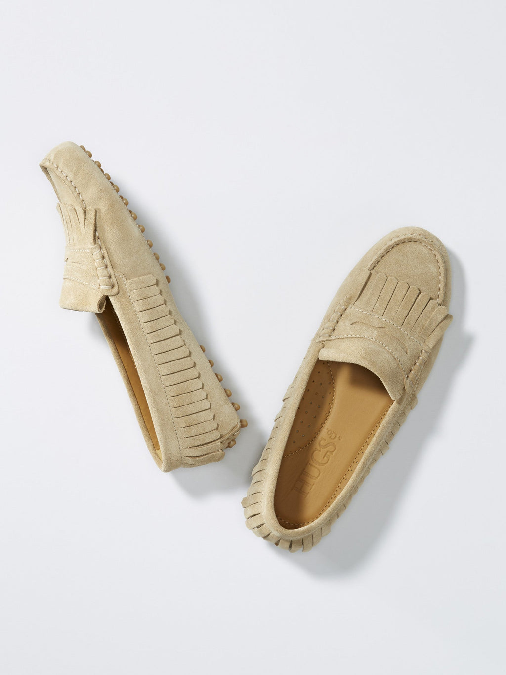 Hugs & Co Womens Fringed Driving Loafers Taupe Suede