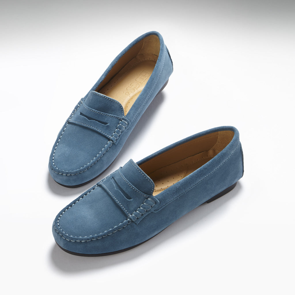 Hugs & Co Womens Penny Driving Loafers Full Rubber Sole Teal Suede