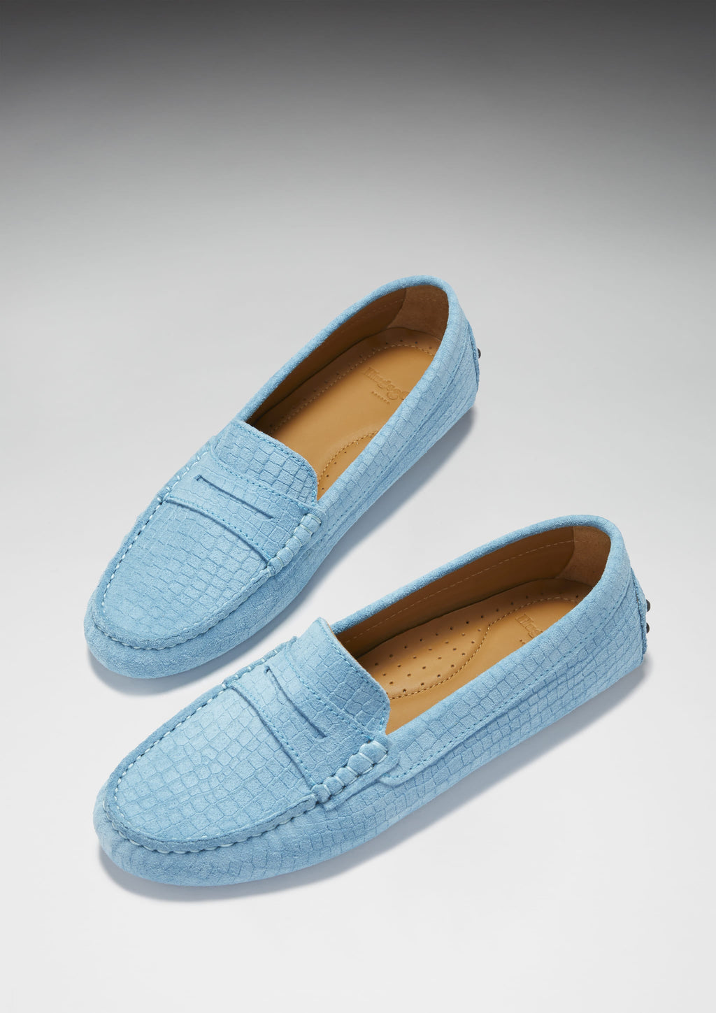 Hugs & Co Womens Penny Driving Loafers Blue Embossed Suede