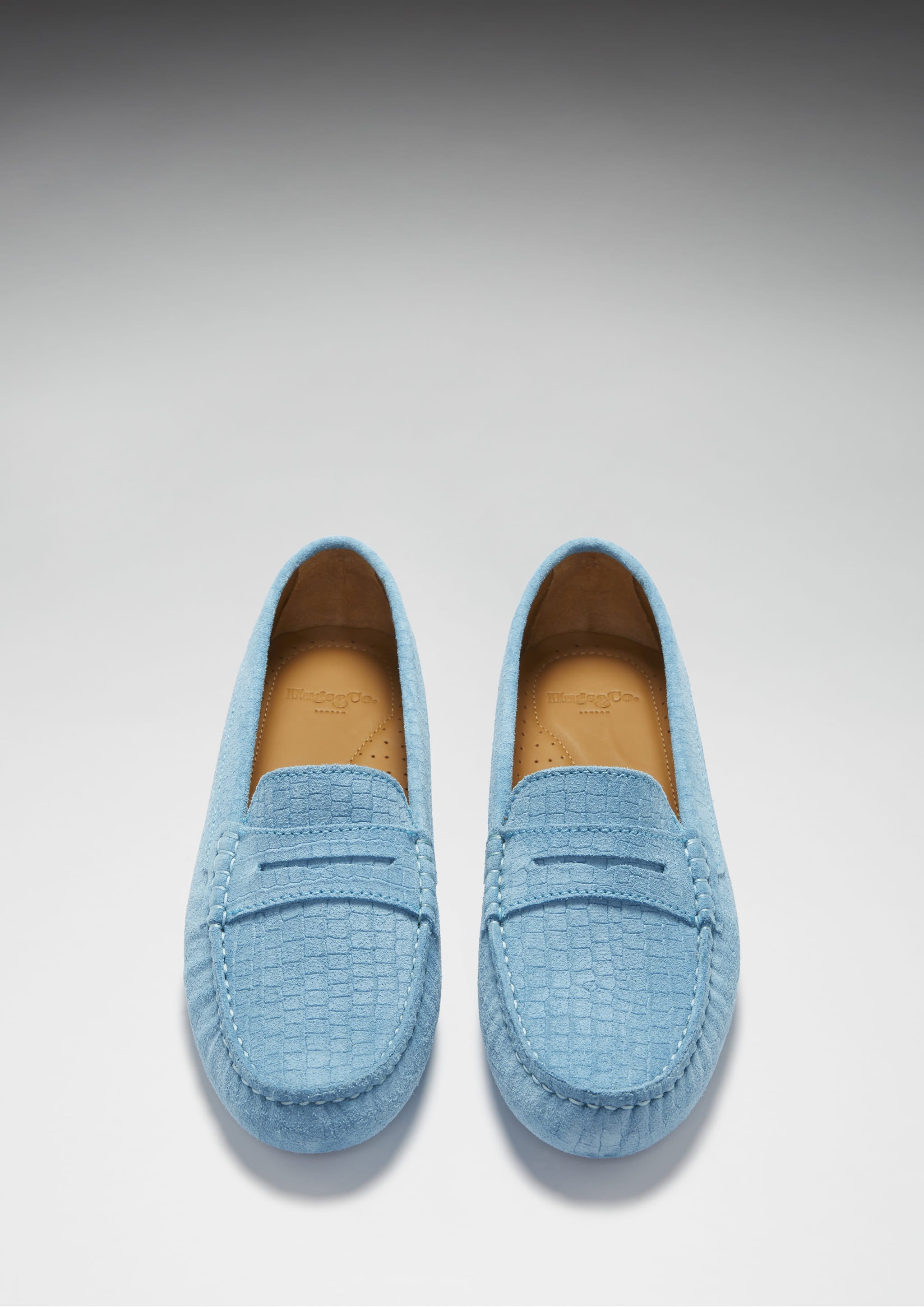 Hugs & Co Womens Penny Driving Loafers Blue Embossed Suede