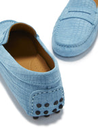Hugs & Co Womens Penny Driving Loafers Blue Embossed Suede