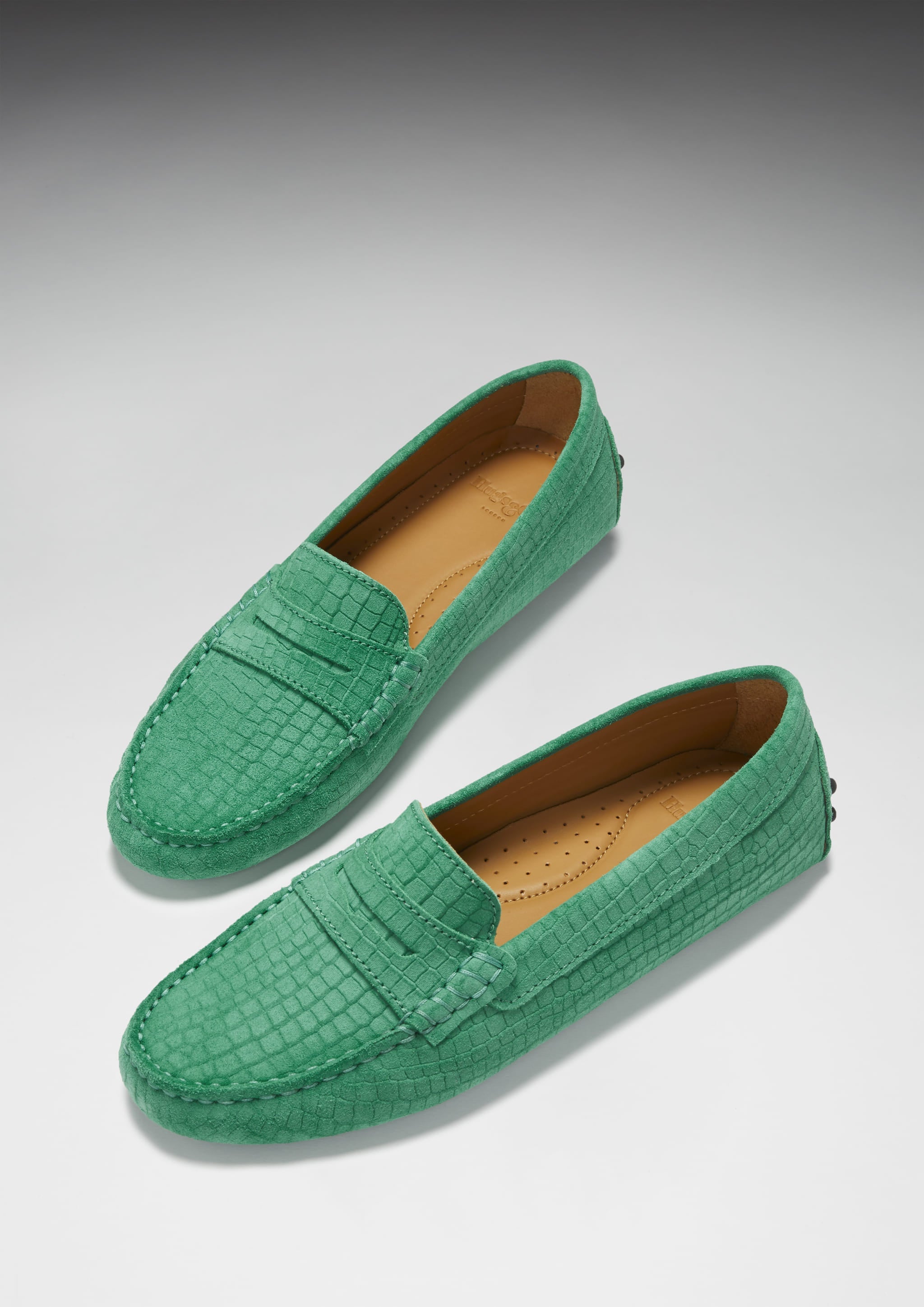 Hugs & Co Womens Penny Driving Loafers Emerald Embossed Suede