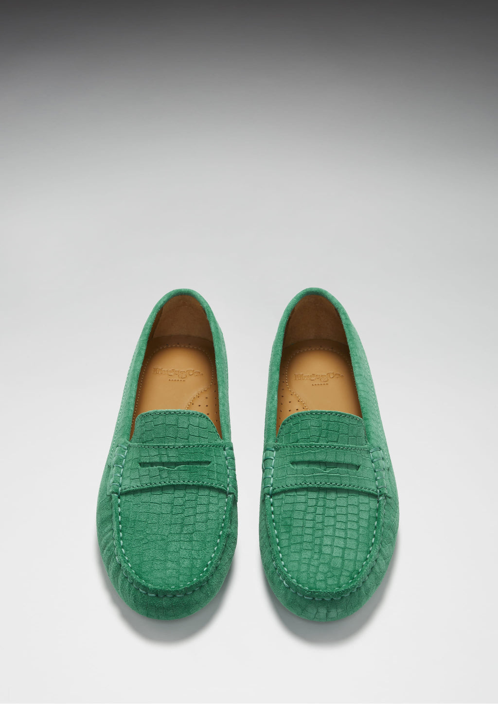 Hugs & Co Womens Penny Driving Loafers Emerald Embossed Suede