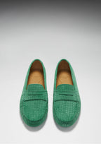 Hugs & Co Womens Penny Driving Loafers Emerald Embossed Suede