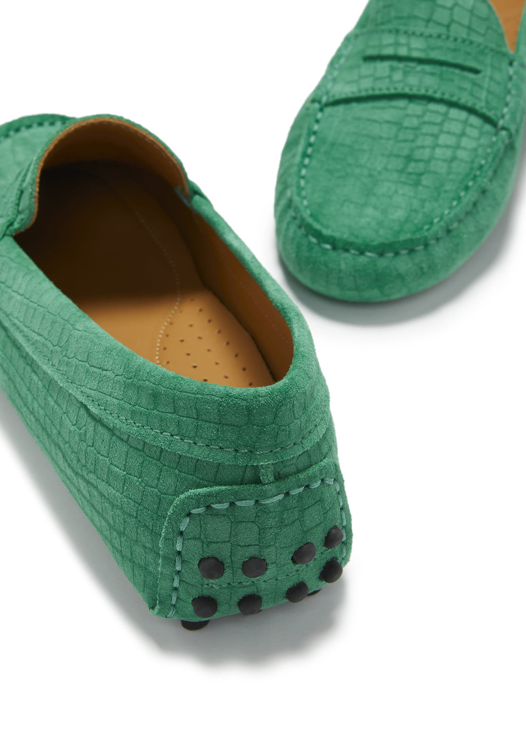 Hugs & Co Womens Penny Driving Loafers Emerald Embossed Suede