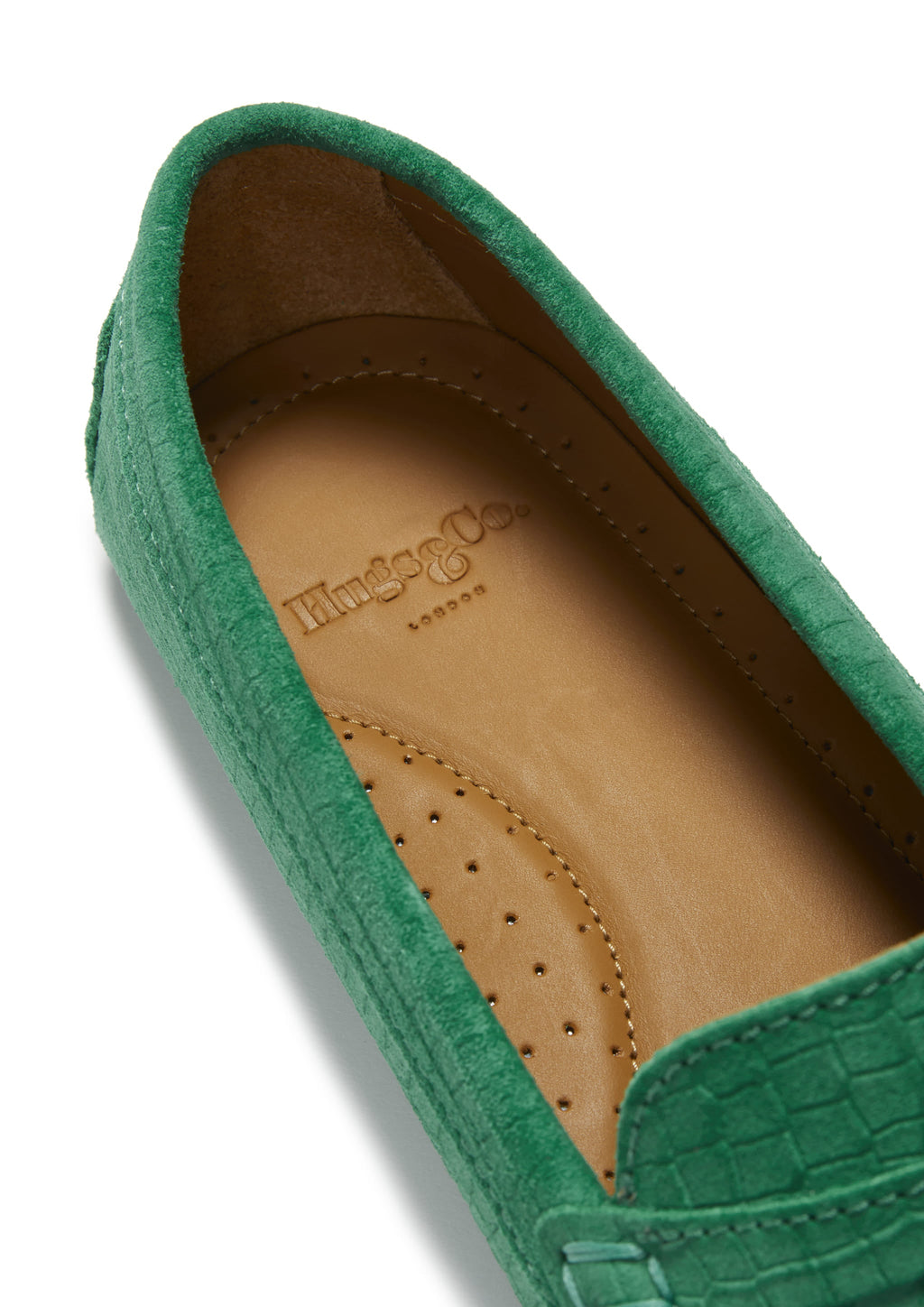 Hugs & Co Womens Penny Driving Loafers Emerald Embossed Suede