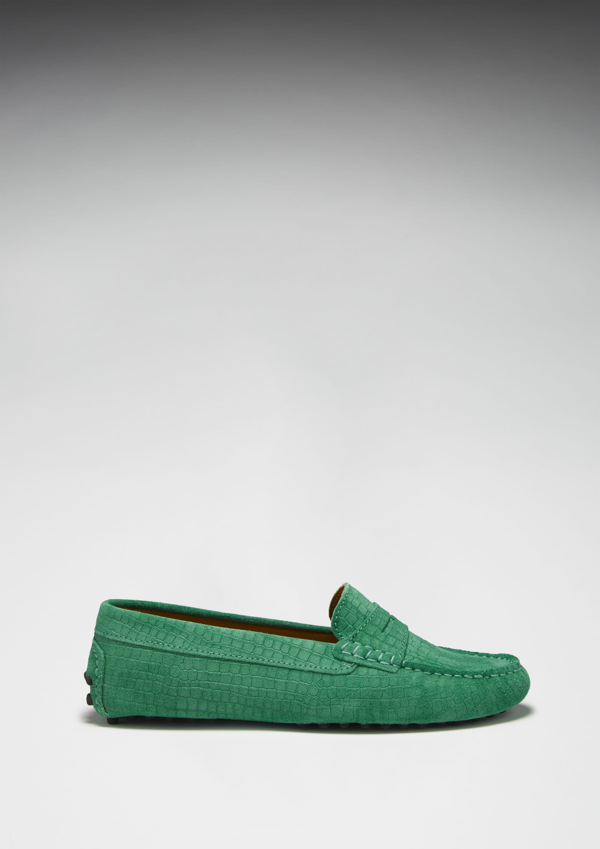 Hugs & Co Womens Penny Driving Loafers Emerald Embossed Suede