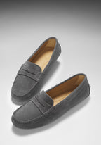 Hugs & Co Womens Penny Driving Loafers Slate Grey Suede