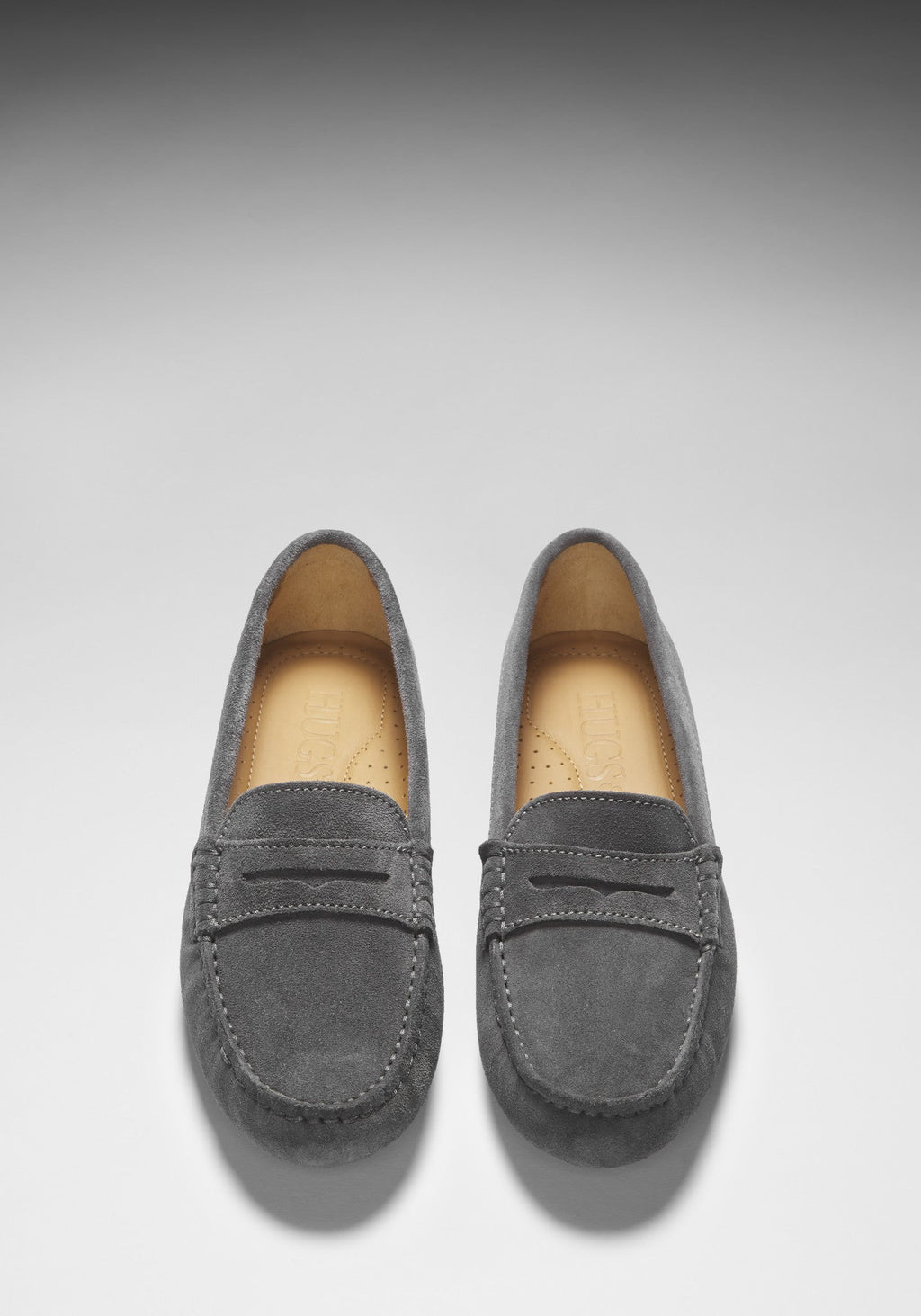 Hugs & Co Womens Penny Driving Loafers Slate Grey Suede